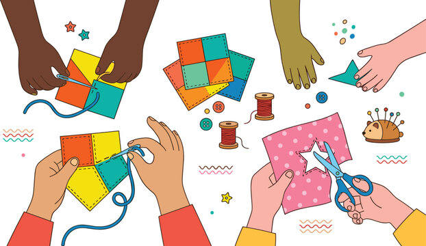 Diverse hands engaging in sewing fabric quilting cutting shapes with scissors and making handmade crafts workshop for creative hobby flat vector illustration set