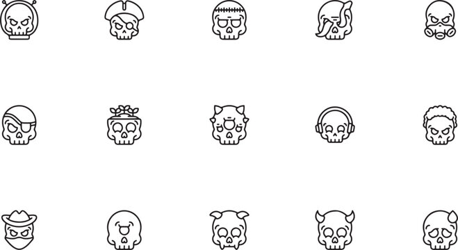 Skull avatars and gaming character outline vector icons