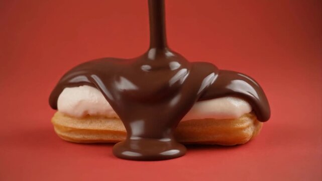 chocolate being poured on eclair cake on red background