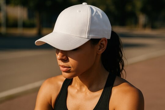 Woman wearing white cap outdoors.