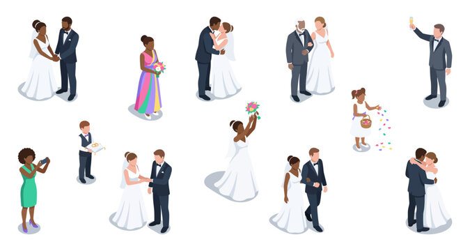 Wedding couples and ceremony guests | Diverse characters celebrating marriage event | Isometric vector illustration