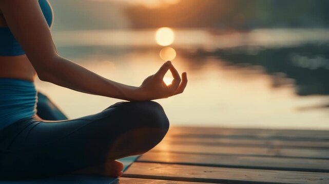 Close-up shot of a woman in athletic wear meditating on a wooden pier during sunset. The serene waters reflect the golden light, creating a peaceful and mindful scene.