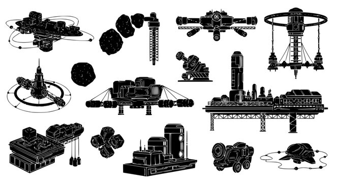 Space station and futuristic asteroid mining facility icons for sci-fi technology and space exploration concepts