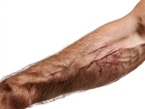 Forearm with healing surgical scar and stitch marks from medical incision or physical trauma injury recovery