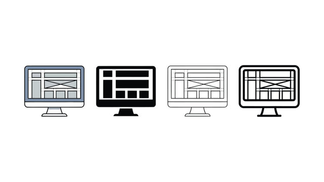 Four computer monitors with wireframe designs on screens  technology and web development concept