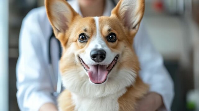 A close-up shot of a delighted Corgi dog at the vet. The vet is wearing a white coat with a stethoscope around their neck, gently holding the pet. The focus is on the dog's cheerful expression.