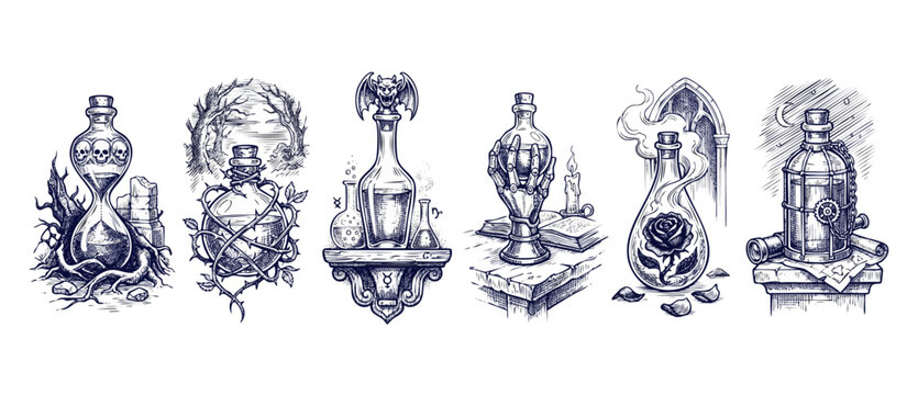 Gothic magic potion bottles set illustrating mystical alchemy elixirs, spooky witchcraft jars, skull hourglass, gargoyle, skeletal hand, and black rose details in vintage sketch engraving art formats.