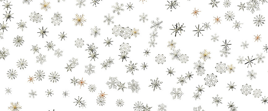 Elegant festive snowflake patterns scattered randomly across a clean white background