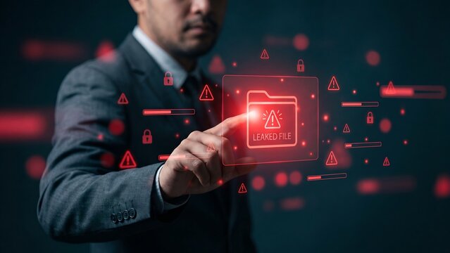 Businessman touching glowing red leaked file folder with warning and padlock icons representing data breach, confidential information leak and cyber security threat concept