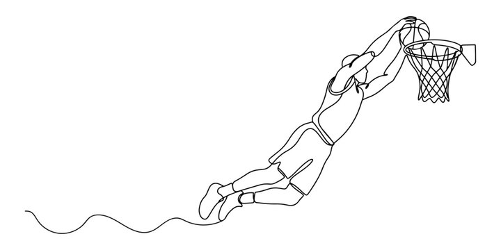 Illustration of basketball player executing a slam dunk, hand drawn line art vector outline illustration.