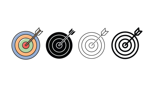 Four different colored target practice icons with arrows hitting bullseye on white background