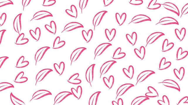 Minimalist love background with a seamless pattern of sketched hearts and leaves. Perfect for an infinite, smooth looping backdrop in romantic videos and creative.