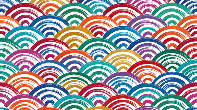 A vibrant and colorful seamless pattern featuring overlapping semicircles in a wave-like arrangement, with each semicircle filled with concentric brushstroke lines.