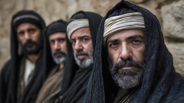 Dramatic Portrait of Ancient Pharisees in Traditional Biblical Clothing Against a Stone Wall