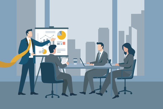 Corporate Business Team Meeting and Financial Presentation Concept Vector, Business Meeting and Presentation Concept