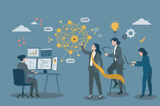 Women in Tech and Artificial Intelligence Programming Concept Vector, Artificial Intelligence Development Concept