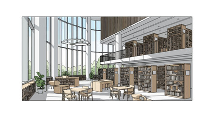 Modern library interior with tall windows and bookshelves © Alfianto