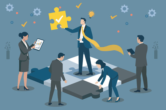 Business Team Completing Jigsaw Puzzle and Data Strategy Concept Vector, Business Leadership and Teamwork Concept