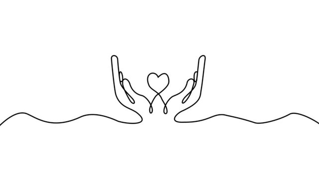 Continuous one line drawing with two hand holding heart shapes. Charity donation linear symbol. Line drawing of heart Romantic symbol for greeting card and web banner line-art. 4k video animation..