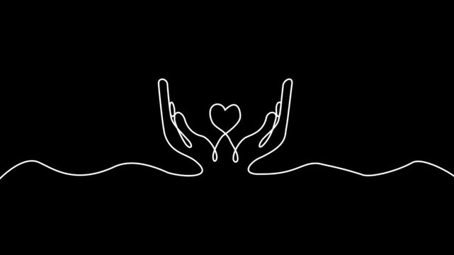 Continuous one line drawing with two hand holding heart shapes. Charity donation linear symbol. Line drawing of heart Romantic symbol for greeting card and web banner line-art. 4k video animation..