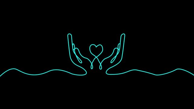Continuous one line drawing with two hand holding heart shapes. Charity donation linear symbol. Line drawing of heart Romantic symbol for greeting card and web banner line-art. 4k video animation..