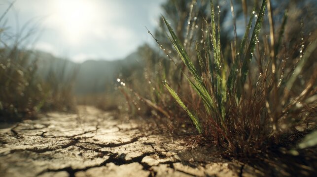 Dried ground with grass in a field under sunlight, showing signs of drought in the early morning