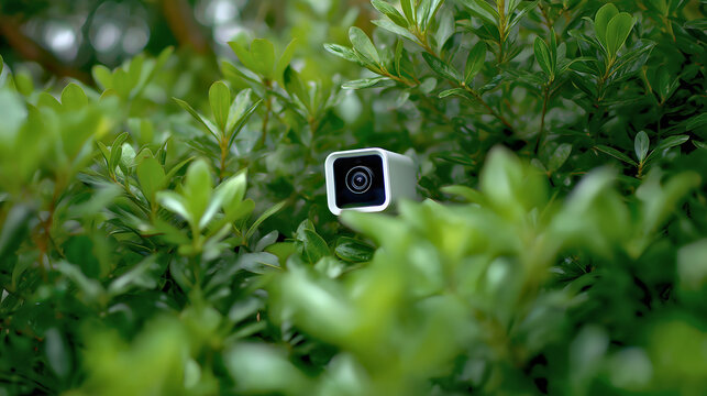 Security Camera Hidden Among Green Leaves and Foliage