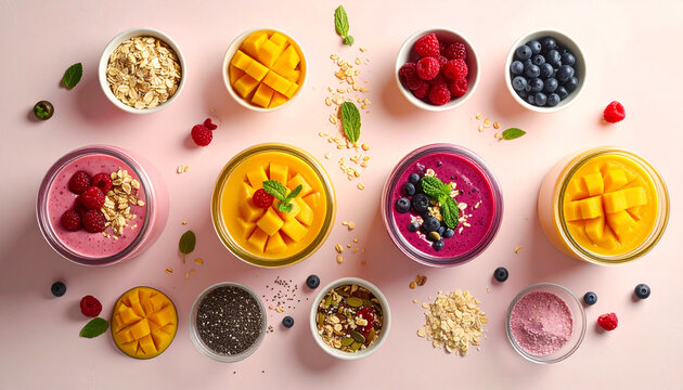 Vibrant and healthy smoothie bowls with fresh fruits, oats, chia seeds, and granola, perfect for a nutritious breakfast or snack