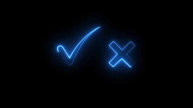 Tick or check mark signs neon icon animation. right and wrong animated neon icons, False and true. Correct and incorrect, "Minimal neon Check Mark and Cross Icon in Circle on Black Background.4k video