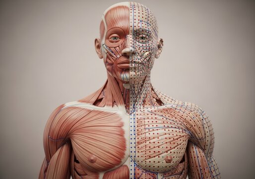 Anatomical model of human upper body showing muscular and acupuncture systems