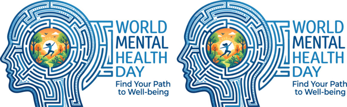 World Mental Health Day Awareness Logo with Human Mind Maze and Wellness Path Concept Vector Illustration