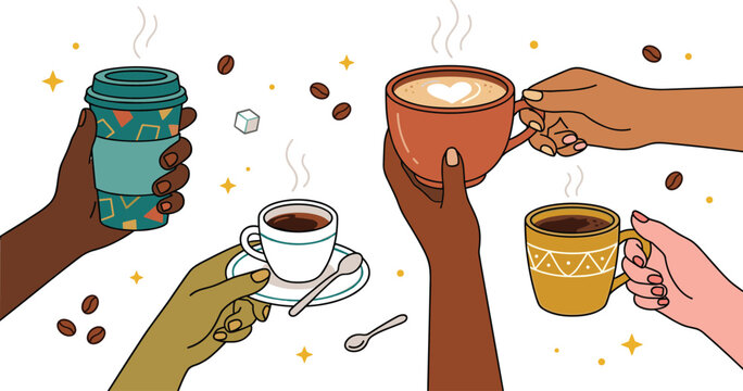 Diverse multiethnic human hands holding coffee cups latte art paper mug espresso and clinking mugs together in cafe shop flat vector illustration