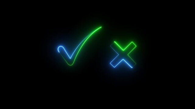 Tick or check mark signs neon icon animation. right and wrong animated neon icons, False and true. Correct and incorrect, "Minimal neon Check Mark and Cross Icon in Circle on Black Background.4k video