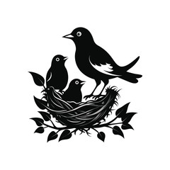 Fototapeta premium Birds in nest, black silhouette illustration, vector birds, nest with leaves