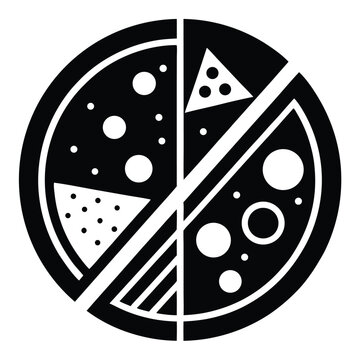 Geometric black and white pizza illustration representing different pizza flavors and slices