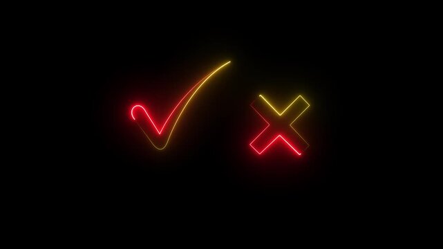 Tick or check mark signs neon icon animation. right and wrong animated neon icons, False and true. Correct and incorrect, "Minimal neon Check Mark and Cross Icon in Circle on Black Background.4k video