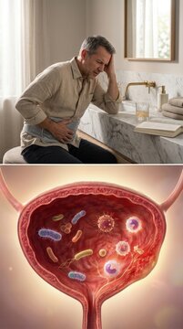Urinary tract infection: cystitis condition, bladder discomfort, organ inflammation, microbe invasion, health problem, body irritation, pathogen presence, human symptom, medical issue, internal pain.
