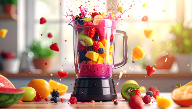 Fresh Fruit Smoothie Preparation with Dynamic Flying Ingredients in a Modern Kitchen Setting