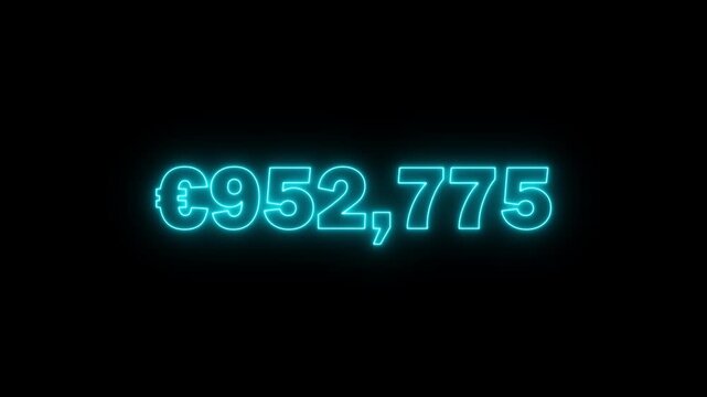 counting digital number increasing money euro from 0 to 1,000,000 neon glow style with a euro symbol icon on a black background or transparent background, 4k video