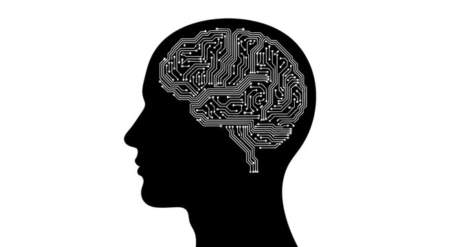 Black silhouette of human head with circuit board brain