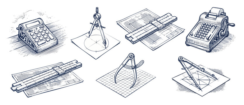 Vintage math drafting tools calculator set featuring retro adding machine, slide rule, and compass dividers on grid paper in engraved sketch style for engineering and classic architectural design.