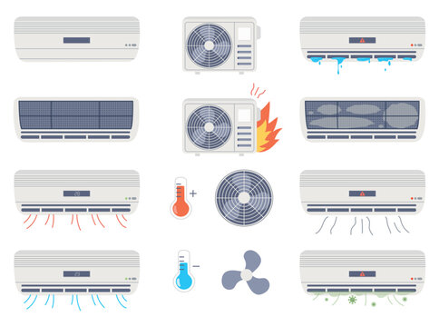 Vector set of HVAC air conditioner repair, maintenance and troubleshooting icons with breakdown, overheating, cooling system service and cleaning concepts in flat cartoon style