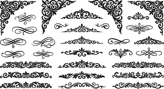 Premium vintage black calligraphic text dividers and ornamental corners vector set for luxury wedding invitation layout certificate decoration