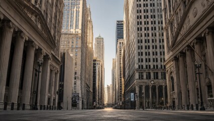 Empty financial district street with neoclassical buildings and skyscrapers.
