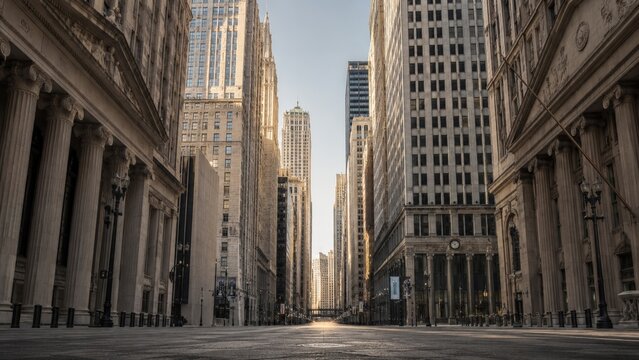 Empty financial district street with neoclassical buildings and skyscrapers.