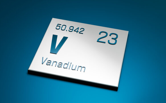 Vanadium, symbol V, periodic table element. Science, chemical element, structure, atomic weight, atomic number. 3D illustration