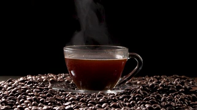 Slow motion shot of steaming hot black coffee in a clear glass cup surrounded by roasted coffee beans on a dark background