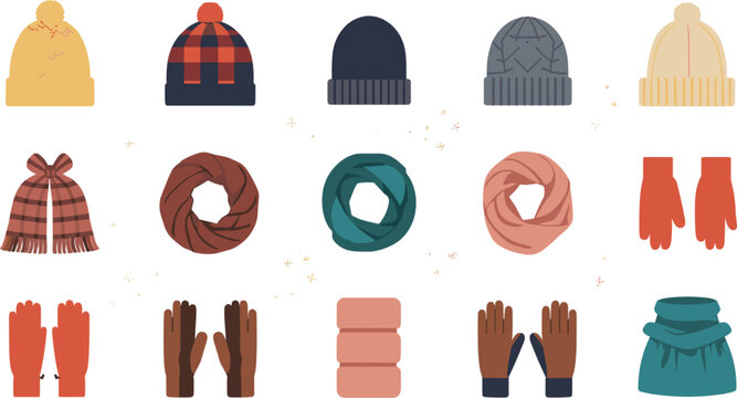 Winter Apparel and Knitwear Accessories Icon Set with Warm Beanies Scarves Knitted Infinity Snoods Mittens and Gloves for Cold Weather Fashion Designs