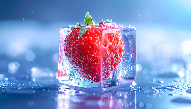 A vibrant red strawberry encased in a clear ice cube, with water droplets and a cool blue background, creating a refreshing visual.