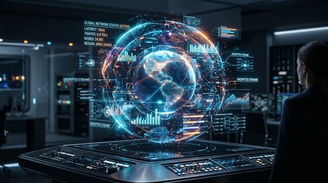 cybersecurity network monitoring data analysis global network traffic management latency optimization encrypted streams decrypted streams network security digital dashboard